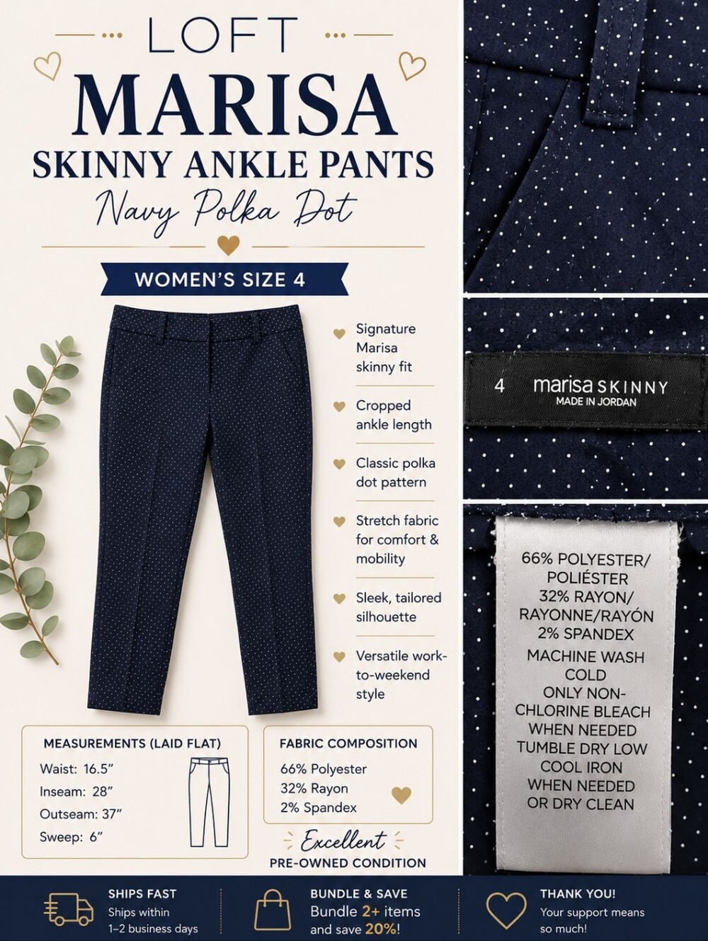 LOFT | Marisa Skinny Ankle Pants | Size 4 | Navy w/White Polka Dot | Like New